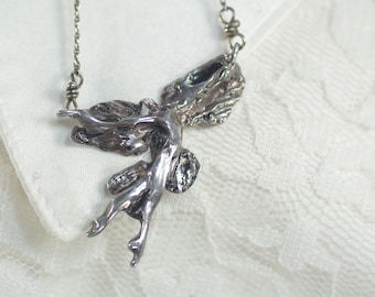 Vintage Sterling Fairy Angel Pendant Necklace, Silver Winged Fairy Angel Necklace, Sterling  Whimsical Birthday Christmas Gift Under 50