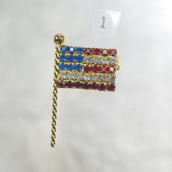 Vintage Patriotic Rhinestone Flag Pins, 50's USA Flag Pins, Veteran's Independence Day Memorial Day Pin, Gold Flag Pin Gifts Under 10