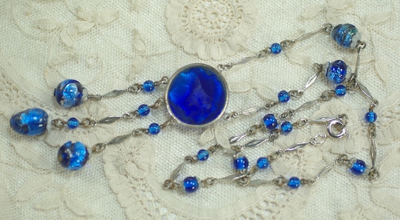 Vintage Czech Blue Foil Glass Necklace, Art Deco … - image 9