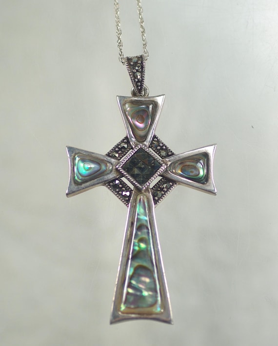 Art Deco Sterling Abalone Cross: 1980's Religious Silver Jewelry
