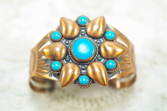 Vintage Bell Copper Turquoise Bracelet, Native Am… - image 5