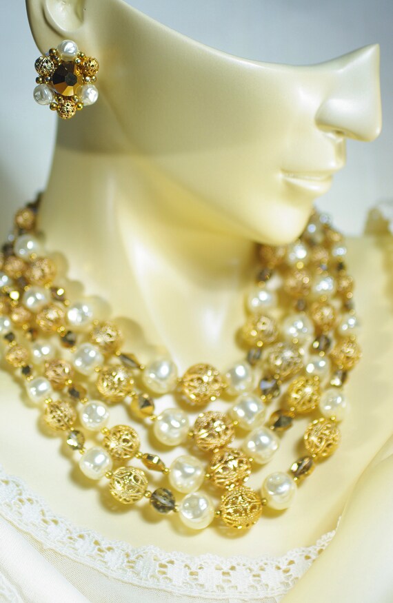 Vintage Multi Strand Pearl Crystal Necklace Set, P