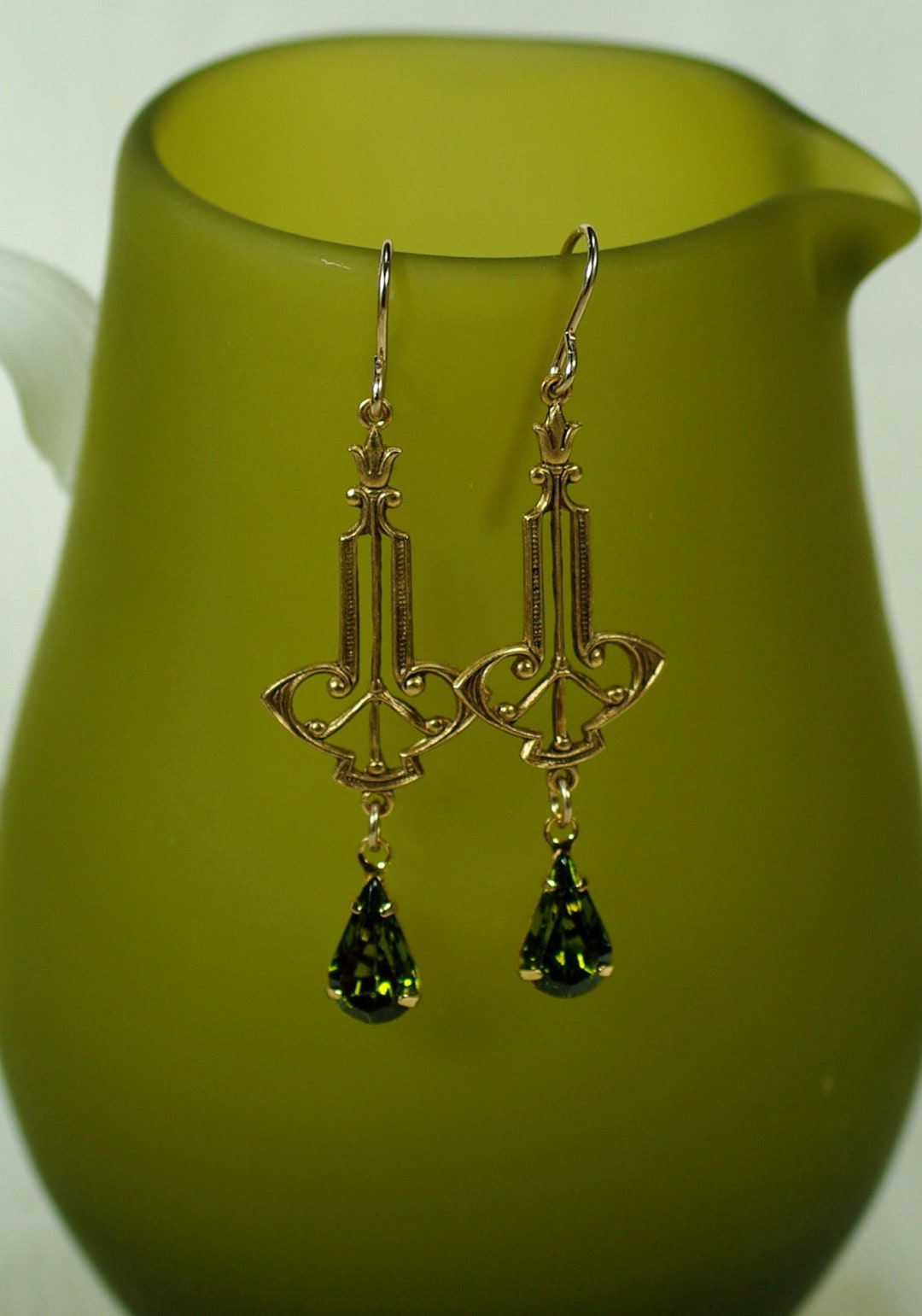 Vintage Earrings, Art Deco Inspired Olive Crystal Earrings, Antique Reproduction Earrings