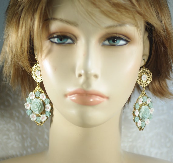 Vintage Pastel Blue Flower Chandelier Earrings, G… - image 6