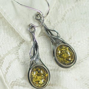 Vintage Sterling Silver Amber Leaf Earrings: Baltic Amber Dangle