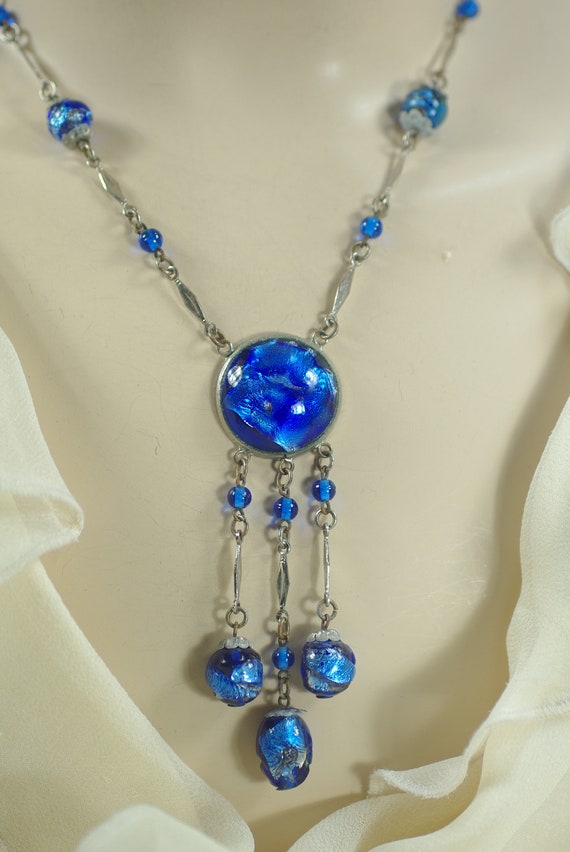 Vintage Czech Blue Foil Glass Necklace, Art Deco … - image 2