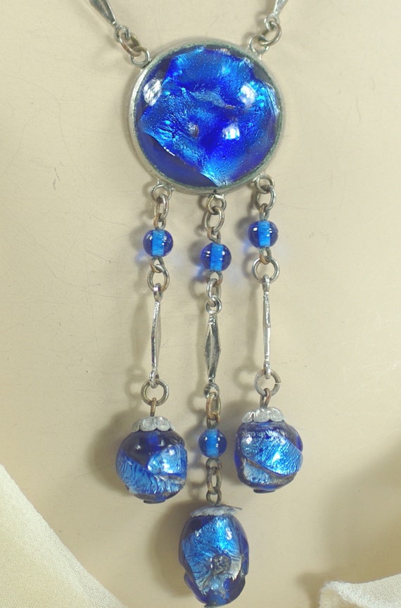 Vintage Czech Blue Foil Glass Necklace, Art Deco … - image 3