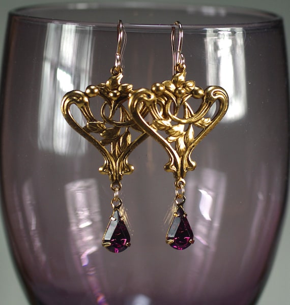 Swarovski Purple Earrings: One-of-a Kind Art Nouveau Handcrafted Jewelry, 1pr