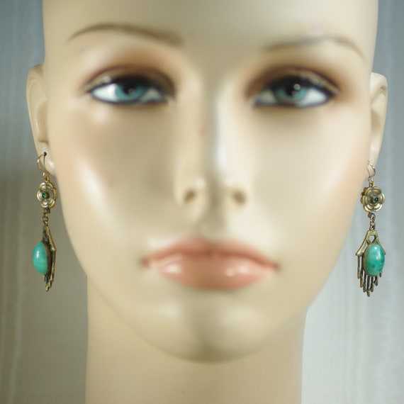 Vintage Art Deco Green Glass Earrings, Green Czec… - image 5