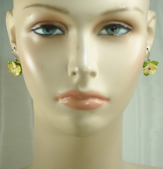 Vintage English Bone China Flower Earrings, Yello… - image 6