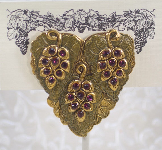 Vintage Grape Leaf Rhinestone Brooch, Hand Painte… - image 4