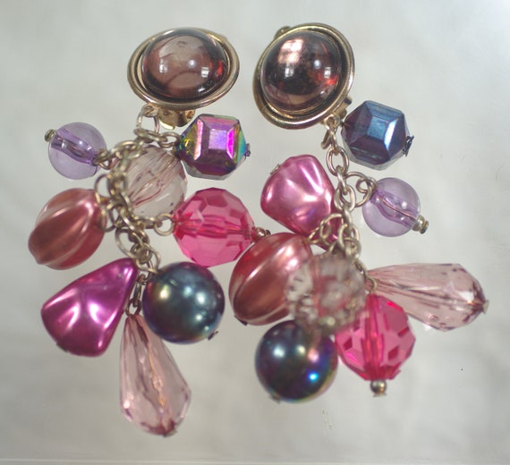 Vintage Multi Colored Chandelier Clip Earrings, P… - image 2