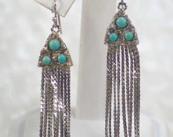 Turquoise Tassel Earrings: Vintage Liquid Silver Waterfall Chandelier Earrings