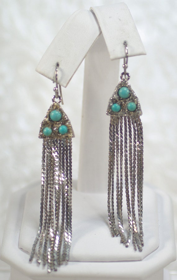 Vintage Turquoise Waterfall earrings, Silver Turq… - image 1