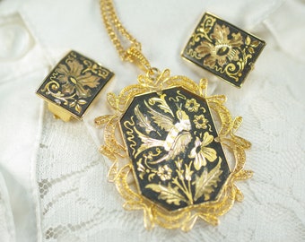 Spanish Damascene Pendant Set: 1960's Spanish Jewelry, Nature Inspired, 3pc Set