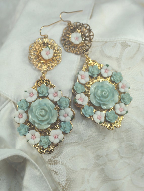 Vintage Pastel Blue Flower Chandelier Earrings, G… - image 2