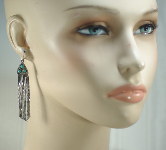 Vintage Turquoise Waterfall earrings, Silver Turq… - image 8