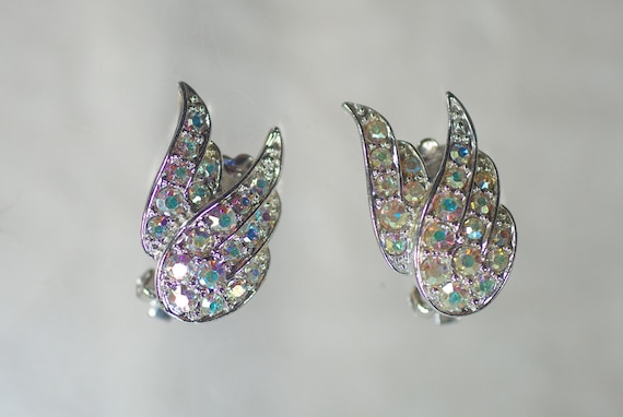 Sarah Coventry Rhinestone Clip Earrings: 1960's Wedding Earrings, Silver AB Angel Wing Clips