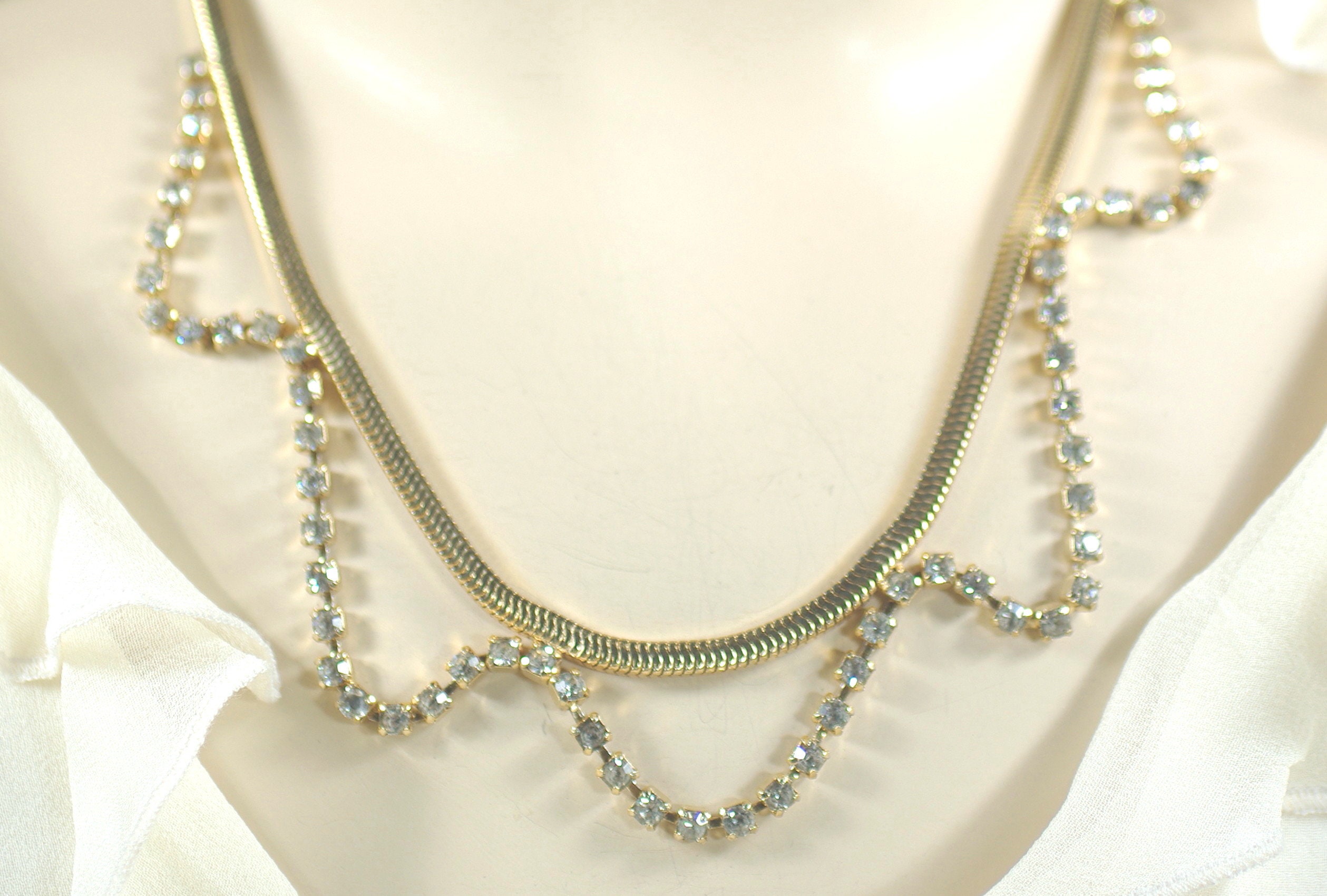 Vintage Kramer Rhinestone Swag Necklace: Adjustable Gold Snake