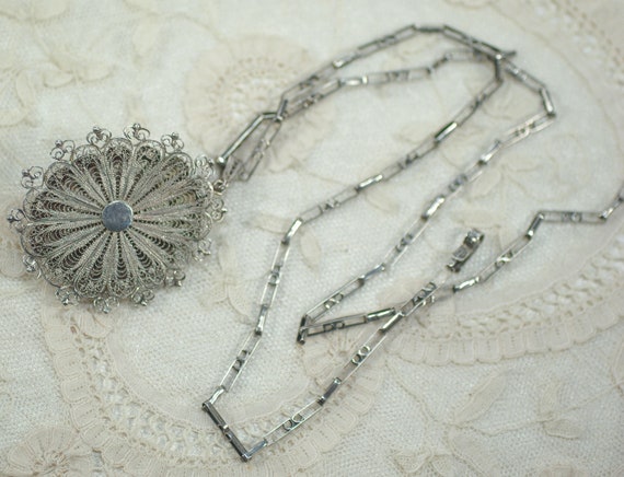 Vintage Sterling Filigree Medallion Necklace, Sil… - image 4