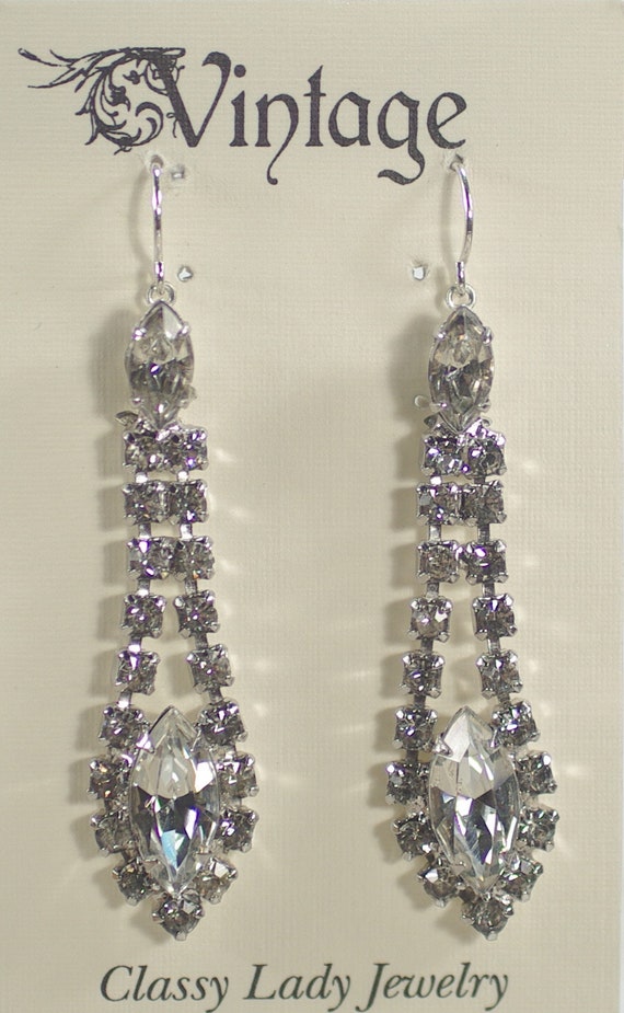 Vintage Clear Rhinestone Chandelier Earrings, Sil… - image 4