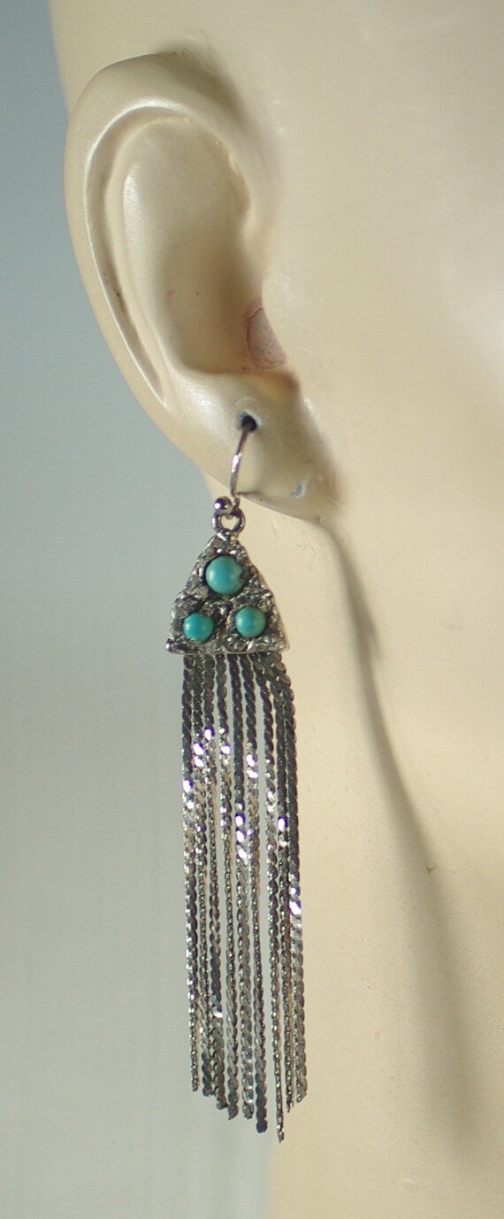 Vintage Turquoise Waterfall earrings, Silver Turq… - image 6