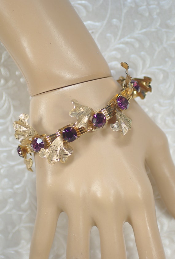 Amethyst Rhinestone Gold Link Bracelet, Gold Fan … - image 7