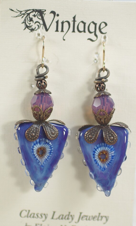 Vintage Blue Lampwork Glass Dangle Earring, Artis… - image 3