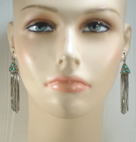 Vintage Turquoise Waterfall earrings, Silver Turq… - image 7