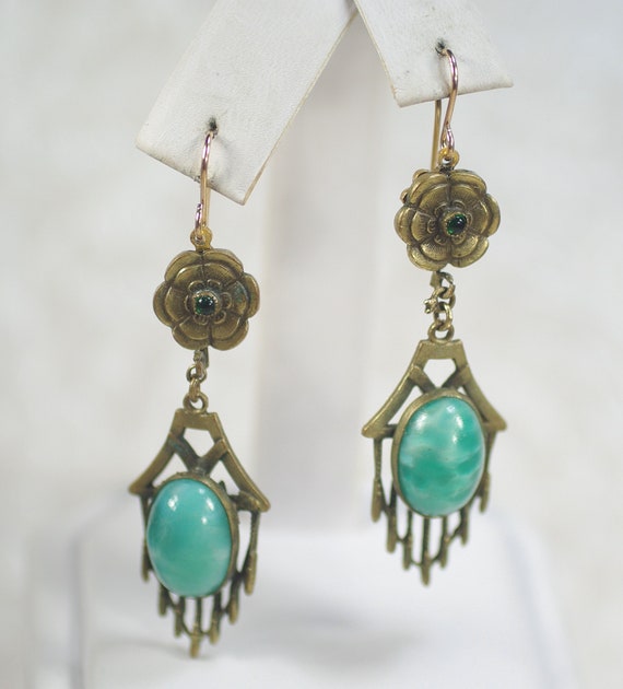 Vintage Art Deco Green Glass Earrings, Green Czec… - image 1