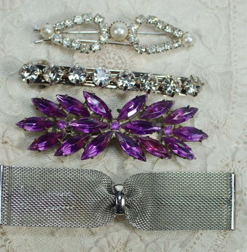 Vintage Rhinestone Pearl Barrette Silver Mesh Hair Clip Etsy
