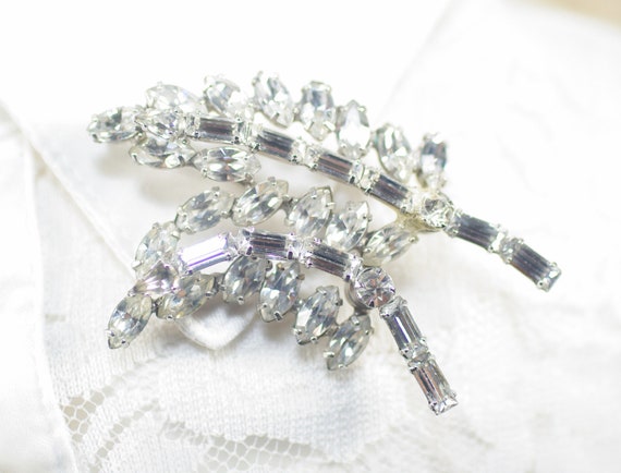 Vintage Rhinestone Leaf Brooch, Double Leaf Rhine… - image 2