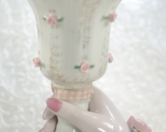 Vintage Napco Ceramic Pedestal Hand Flower Vase, Romantic Anniversary Gift, Mother's Day Gift, Pink Rose Flower Vase, Flower Lover's Vase