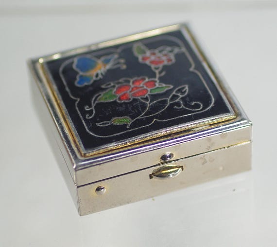 ヴィンテージの中国製七宝焼き小物入れ：エナメルフラワーバタフライ