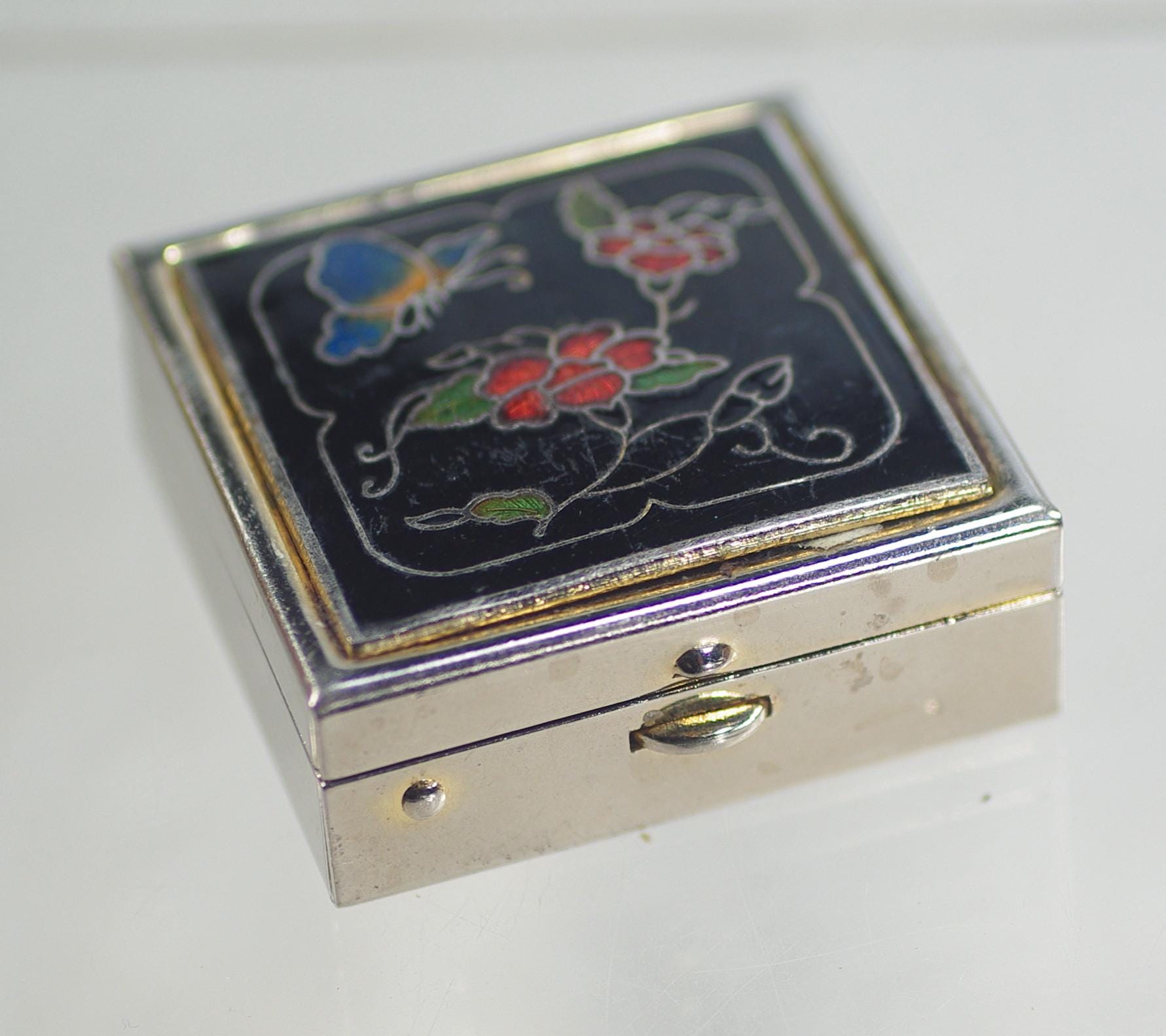 ヴィンテージの中国製七宝焼き小物入れ：エナメルフラワーバタフライ