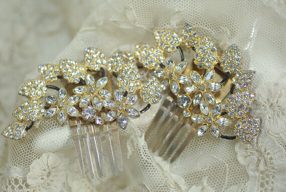 Vintage Art Deco Style Rhinestone Hair Clips, Gol… - image 5