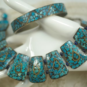 Vintage 30&#39;s Turquoise Inlay Bib Necklace Bracelet Set, India Brass Inlay Turquoise, Friend Birthday Graduation Gemstone Set Under 150