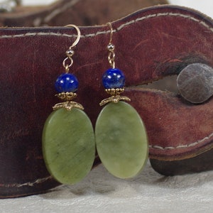 Olive Jade and Lapis Gemstone Earrings, Green and Blue Gemstone Gold Dangles, Large Oval Gemstone Earrings, Lapis Earring Gift Under 25