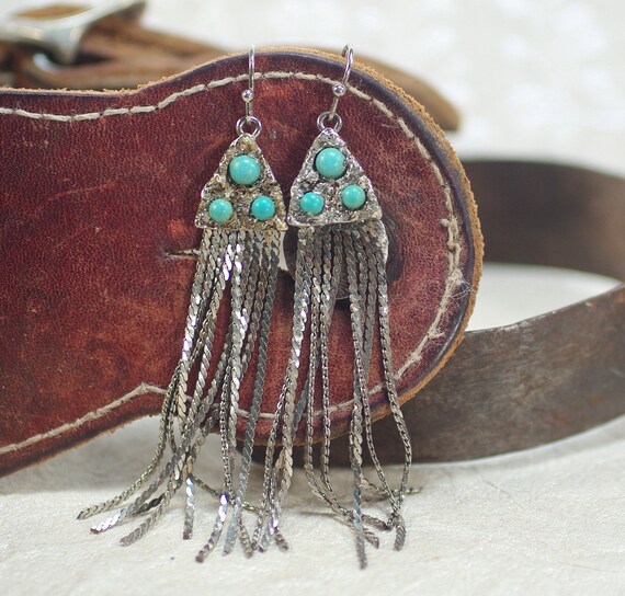 Vintage Turquoise Waterfall earrings, Silver Turq… - image 5