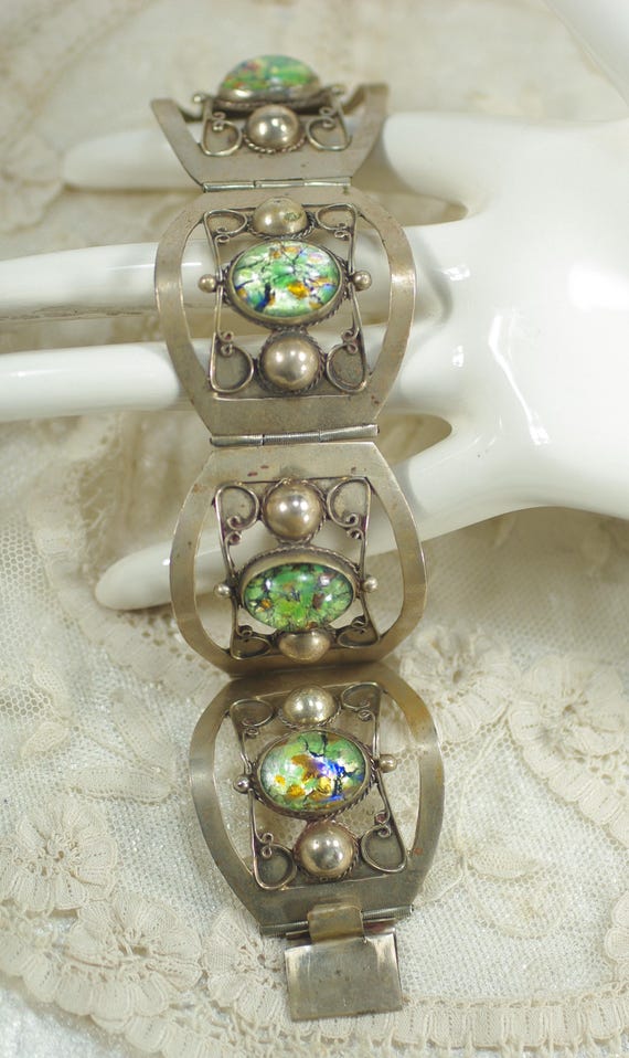 Vintage Taxco Sterling Bracelet: 1940's Mexico Dichroic Glass Silver Jewelry
