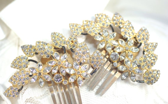 Vintage Art Deco Style Rhinestone Hair Clips, Gol… - image 4