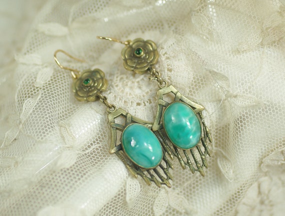 Vintage Art Deco Green Glass Earrings, Green Czec… - image 2