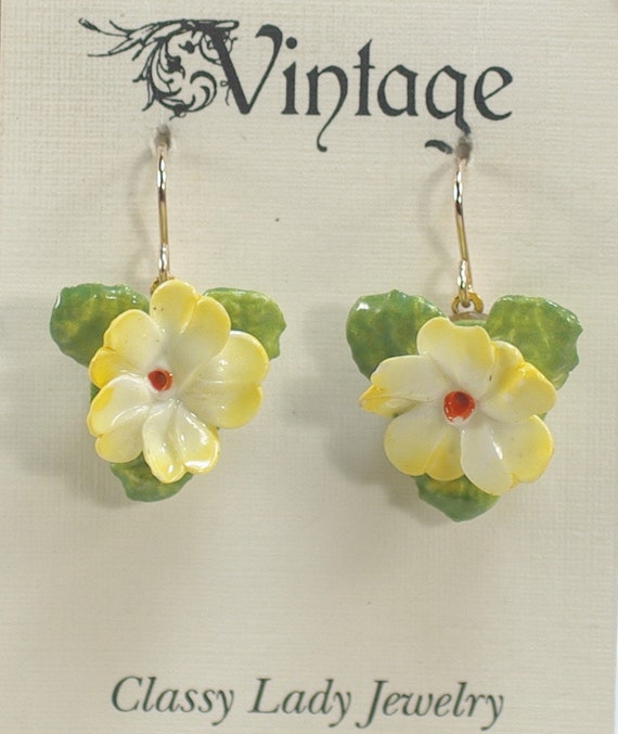 Vintage English Bone China Flower Earrings, Yello… - image 3