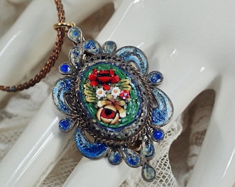 Italian Micro Mosaic Pendant Necklace: Custom 1930's Jewelry, Enamel Glass Flower Mosaic