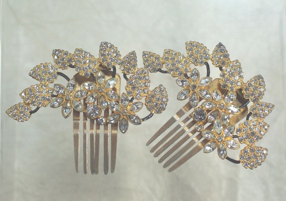 Vintage Art Deco Style Rhinestone Hair Clips, Gol… - image 2