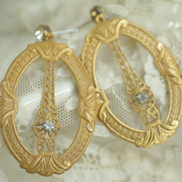 Vintage Sadie Green Chandelier Earrings, Victorian Rhinestone Post Dangle, Statement Gold Filigree Earring, Wedding Holiday Earring Under 50