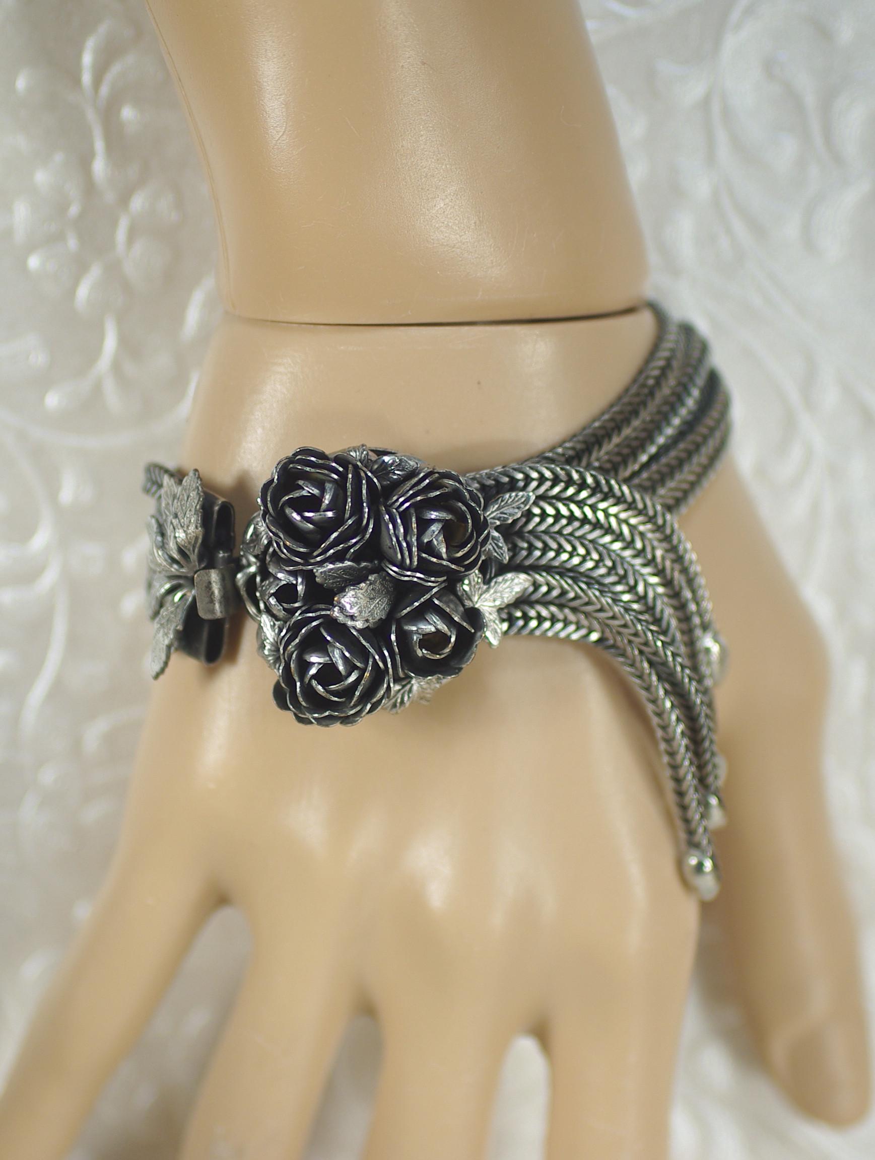 Silver Tassel Flower Bracelet: 1980's Chain Jewelry, Oxidized