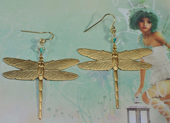 Green Dragonfly Dangle Earrings Made with Swarovski(R) Crystals - Tail Moves Green Dragonfly Dangle Earrings Made with Swarovski(R) Crystals - Tail Moves