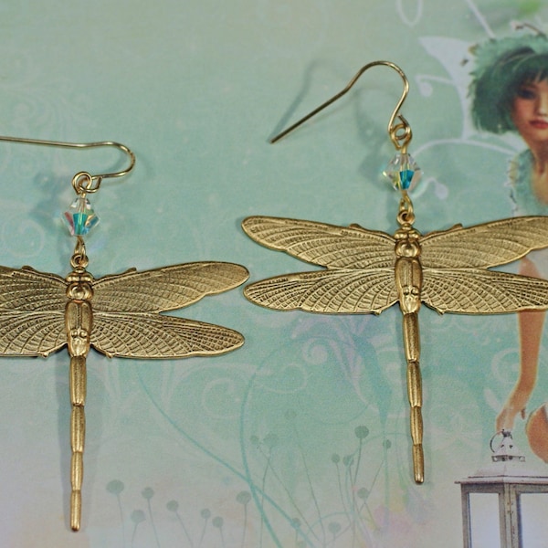 Large Gold Dragonfly Chandelier Earrings, Aurora Borealis Crystal Dragonfly Dangle, Garden Wedding Earrings, Couture Dragonfly Under 20