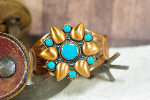 Vintage Bell Copper Turquoise Bracelet, Native Am… - image 1